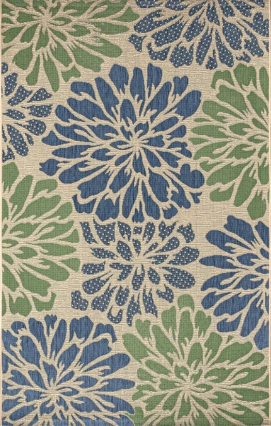 JONATHAN Y Floral Textured Weave Indoor Outdoor Area Rug 4X6 Navy/Green, Zinnia Modern for Backyard, Patio, Porch, Easy-Cleaning, High Traffic, Pet-Friendly, Non-Shedding (SMB110B-4)