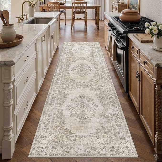 PureCozy 2x8 Runner Rug Beige Washable Hallway Kitchen Bedroom Vintage Distressed Bathroom Non Slip Medallion Floral Carpet Indoor Retro Throw Floor Mat for Office Dining Laundry Living Room