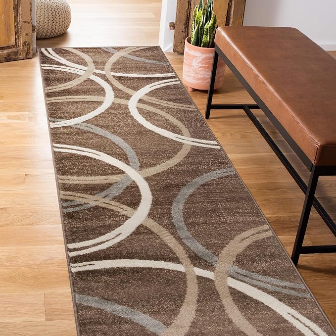 Rugshop Wavy Circles Modern Jute Backing Runner Rug Brown 2' x 7'2"