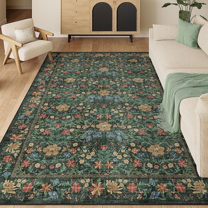DUKINO 5x7 Area Rugs, Vintage Floral Washable Rug for Living Room, Green | Non Slip, Low Pile, Soft, Lightweight, Boho Indoor Carpet for Bedroom, Office, Dining Room, Dorm Room, Farmhouse, Home Decor