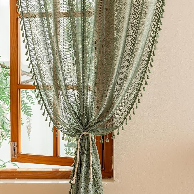 Sutuo Home Boho Lace Sheer Curtains 2 Panels for Bedroom Home Office, French Country Privacy Vintage Chic Drape Tassels Cottage Rustic Geometry Rod Pocket Christmas Decor, 50" x 108" Olive Green