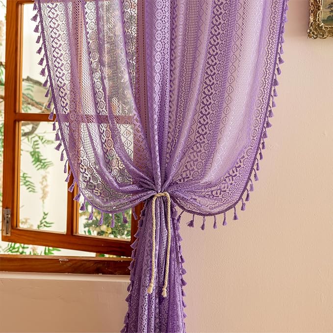 Sutuo Home Lavendar Boho Lace Curtains 72 inch Lengh for Nursery Bedroom, Purple Sheer Curtains Privacy Crochet Vintage Chic Tassels Bohemian Window Treatments Geometry Rod Pocket, 2 Panels 50" W