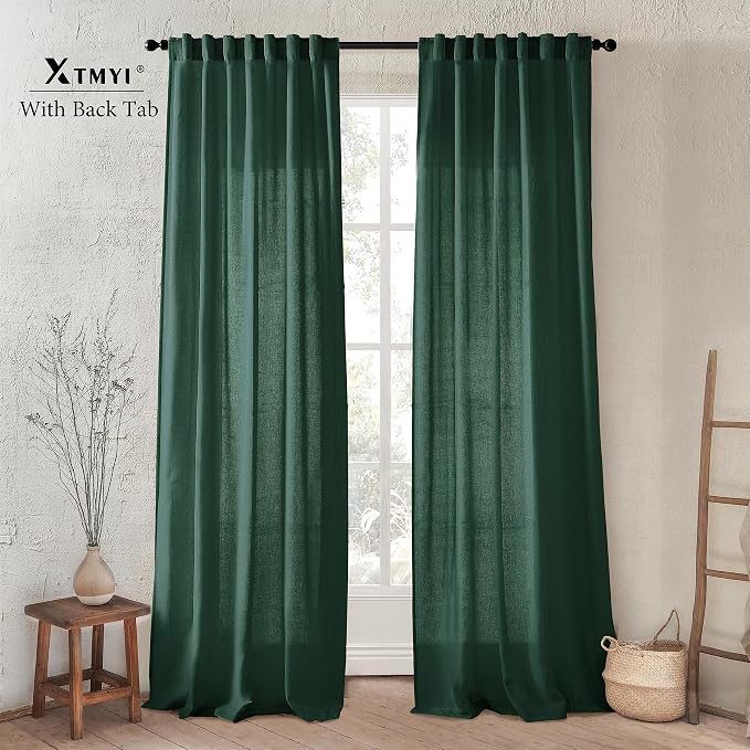 XTMYI Luxury Curtains for Living Room,Emerald Dark Green Sheer Linen to Match Gold Art Deco Curtains for Bedroom,Set of 2 Panel Curtains,50 Wide x 108 Inches Long