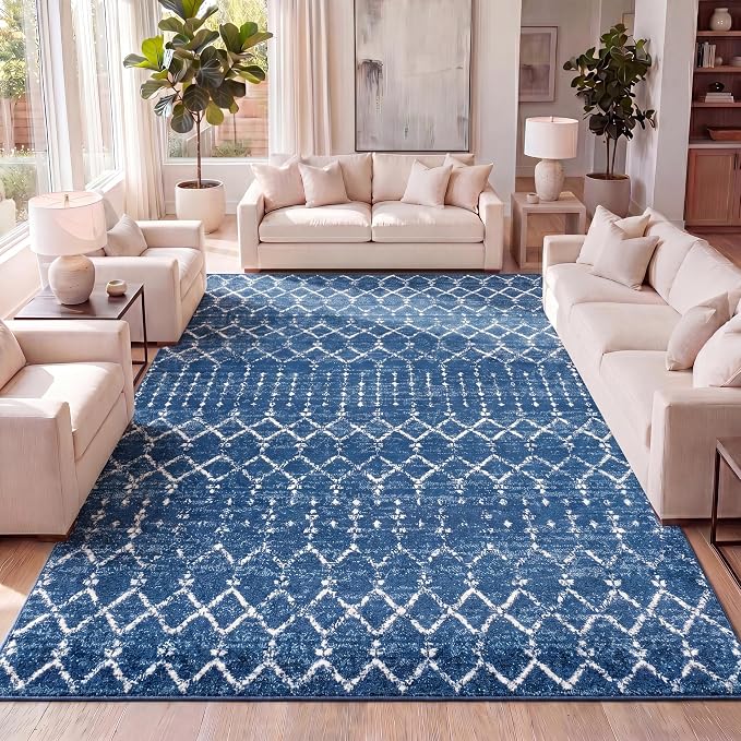 JONATHAN Y Boho Vintage Diamond Blue/White Indoor Area Rug 4X6 ft, Moroccan Hype for Living Room, Bedroom, Kitchen, Office, Easy-Cleaning, High Traffic, Pet-Friendly, Non-Shedding (MOH101A-4)