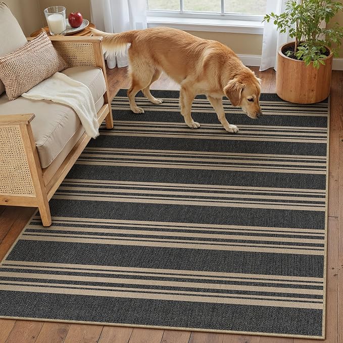 PureCozy Outdoor Rug 3x5 Washable Striped Jute Look Non Slip Carpet | Black and Tan Stripe Farmhouse Design, Indoor Outdoor Rug for Entryway Kitchen Bathroom Bedroom, Non Shedding, Neutral Decor