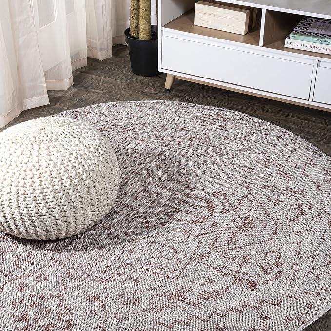 JONATHAN Y Boho Medallion Indoor Outdoor Round Area Rug 4 Ft Red/Taupe, Estrella Textured Weave for Backyard, Patio, Porch, Easy-Cleaning, High Traffic, Pet-Friendly, Non-Shedding (SMB105A-4R)