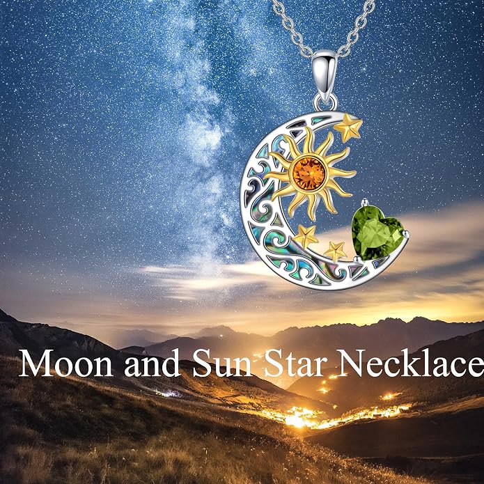 AOBOCO 925 Sterling Silver Sun and Moon Star Pendant Necklace with Simulated Birthstone, Birthday Christmas Jewelry Gift for Women Teen Girls