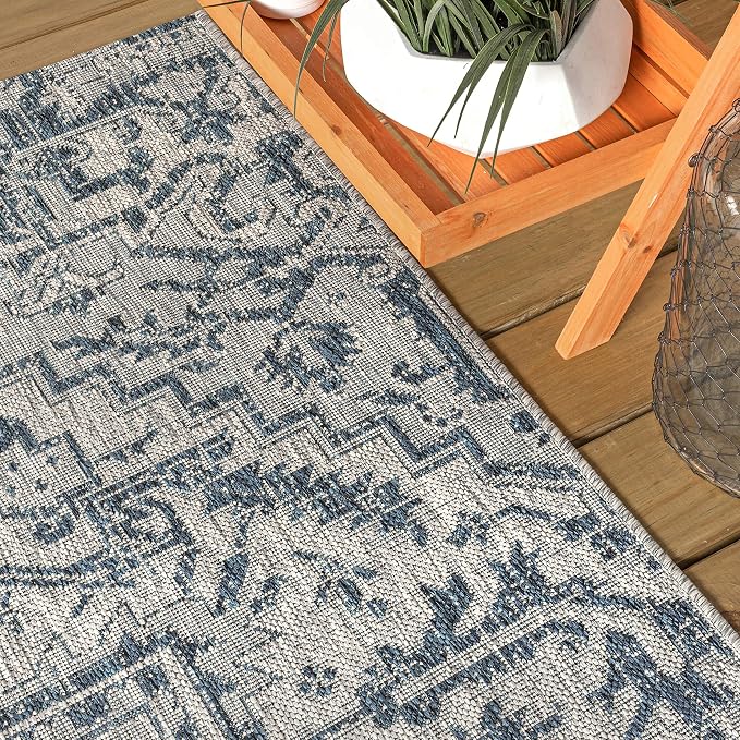JONATHAN Y Boho Medallion Indoor Outdoor Square Area Rug 8X8 Navy/Gray, Estrella Textured Weave for Backyard, Patio, Porch, Easy-Cleaning, High Traffic, Pet-Friendly, Non-Shedding (SMB105B-8SQ)
