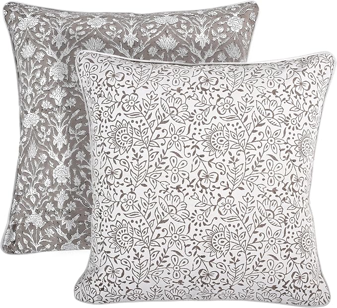 Ridhi Block Print Taupe Pillow Cover 20" x 20" (Pack of 2) Decorative Couch Pillows for Living Room, Farmhouse Chic Boho Cute Outdoor Pillows Covers Gifts for Spring, Mother's Day