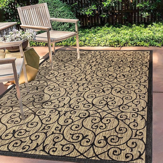 JONATHAN Y Vintage Filigree Indoor Outdoor Area Rug 6X9 Black/Khaki, Madrid Textured Weave for Backyard, Patio, Porch, Easy-Cleaning, High Traffic, Pet-Friendly, Non-Shedding (SMB107A-6)