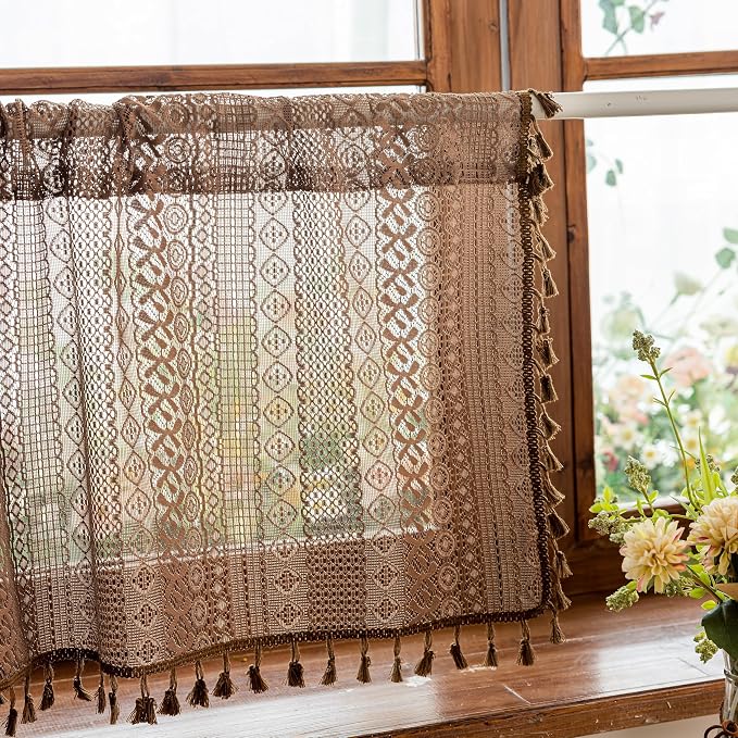 Sutuo Home Boho Valance Short Curtains 2 Panels for Kitchen Cafe, Lace Sheer Curtains Closet Crochet Privacy Farmhouse Vintage Chic Tassels Caramel Macrame Decor Rod Pocket,50" W x 36" L Dark Coffee