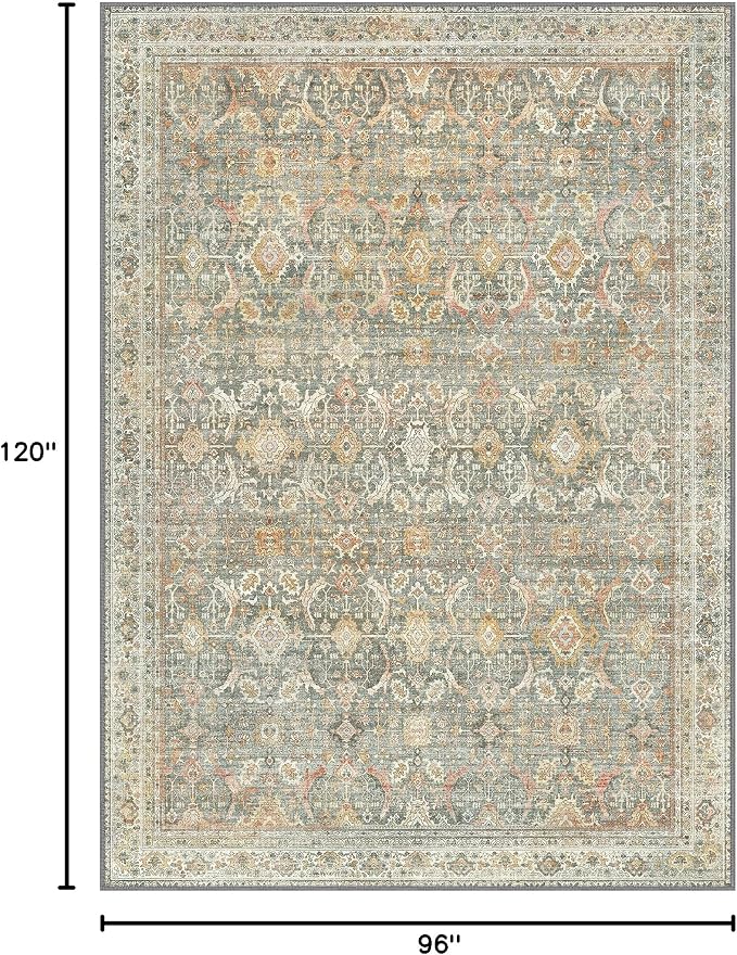BESBLEE 8X10 Area Rugs Machine Washable Rugs for Living Room, Vintage Boho Large Rugs for Bedroom Dining Room, Non Slip Indoor Soft Distressed Lightweight Thin Low Pile Carpet, Turmeric