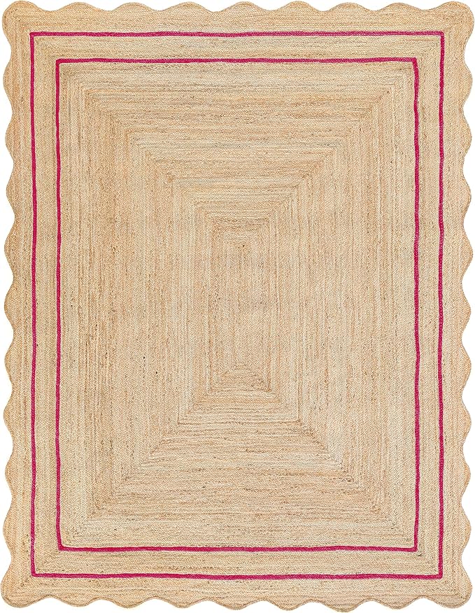 Wave Scalloped Natural Jute Runner, Dark Pink (4'x6'): Boho Farmhouse Scallop Entryway Rug