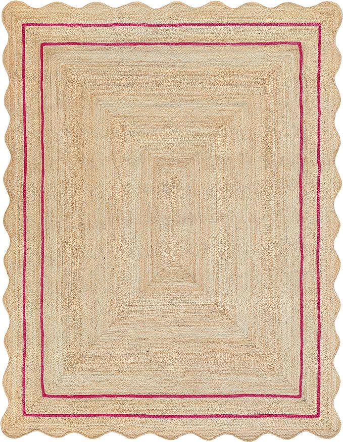 Wave Scalloped Natural Jute Rug Boho Jute Rug Entryway Runner Rug Farmhouse Scallop Rug, Dark Pink (3'x5')