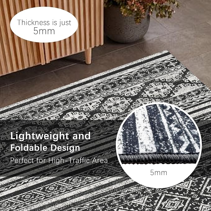 RUGSURE Washable Area Rugs 9' x 12' - 1/6 Thick - Moroccan-Inspired -Stain & Water Resistant Non-Slip - Resistant Rug for Living Room, Bedroom, Nursery, Pet & Child Friendly (Black)