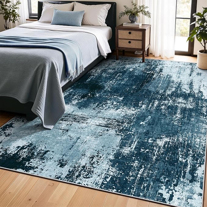 5x7 Rugs for Living Room - Modern Abstract Washable Rug, Ultra Soft Non Slip Low Pile Large Rugs, Floor Carpet for Bedroom Dining Room Office Laundry Nursery Home（Ocean Blue）