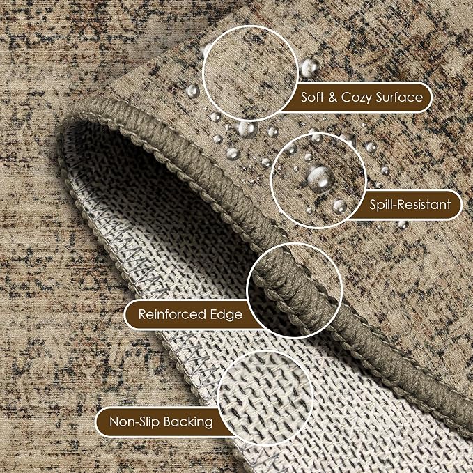 Washable Area Rug 5' x 7' Vintage Traditional Persian Mat - Foldable Distressed Non-Slip Machine Washable Carpet for Living Room Bedroom Kitchen Home Decor - Mocha and Taupe