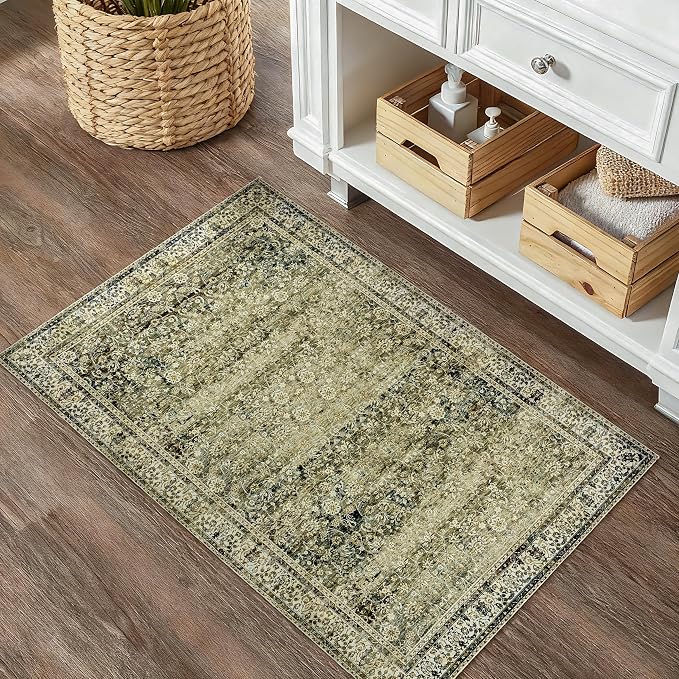 BILEEHOME Throw Rugs 2x3,Non Slip Washable Vintage Floral Boho Accent Soft Thin Small Area Rug for Sink Area Bathroom Bedroom 24 x 36,Olive Green and Beige