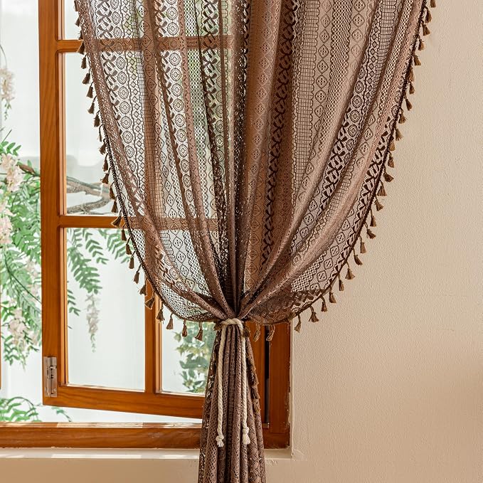 Sutuo Home Dark Coffee Boho Lace Curtains 108 inches Long for Bedroom Living Room, Caramel Sheer Window Curtains Bohemian Crochet Privacy Vintage Tassels Cottagecore Decor Rod Pocket,2 Panels 50" W