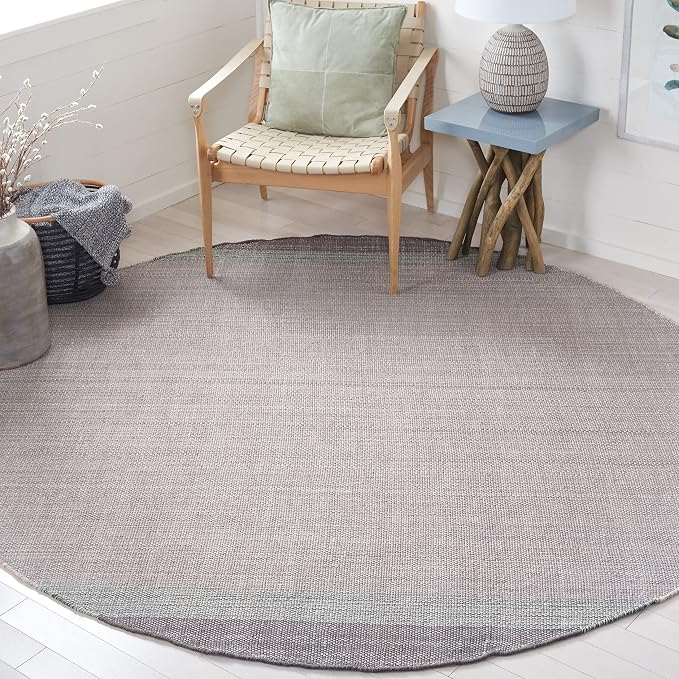 SAFAVIEH Montauk Collection Area Rug - 7' Round, Green & Grey, Handmade Flat Weave Boho Farmhouse Cotton Stripe Fringe, Ideal for High Traffic Areas in Living Room, Bedroom (MTK301Y)