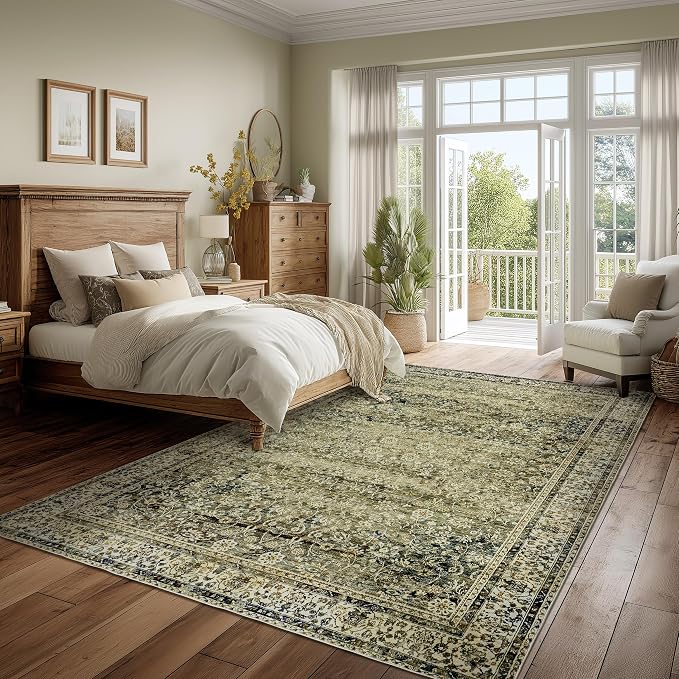 BILEEHOME Olive Green Boho Area Rug 5 x7 for Living Room Washable Non Slip Low Pile Stain Resistant Rubber Backed Cottagecore Neutral Bedroom Nursery Rugs 5x7