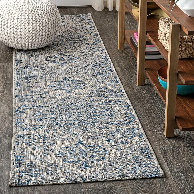 JONATHAN Y Boho Medallion Indoor Outdoor Runner Rug 2X14 Navy/Gray, Estrella Textured Weave for Backyard, Patio, Porch, Easy-Cleaning, High Traffic, Pet-Friendly, Non-Shedding (SMB105B-214)