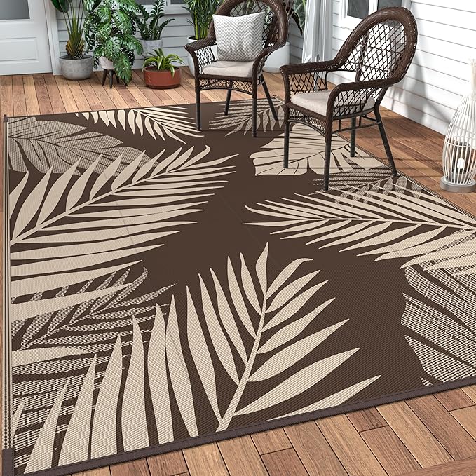 GENIMO Outdoor Rug, Waterproof Plastic Rugs for Patio, 8'x10' Coffee Beige | Outside Larger Leaf Carpet Mat for Porch Decor, Deck, Balcony, Camping, RV, Backyard, Picnic, Beach, Reversible, Foldable