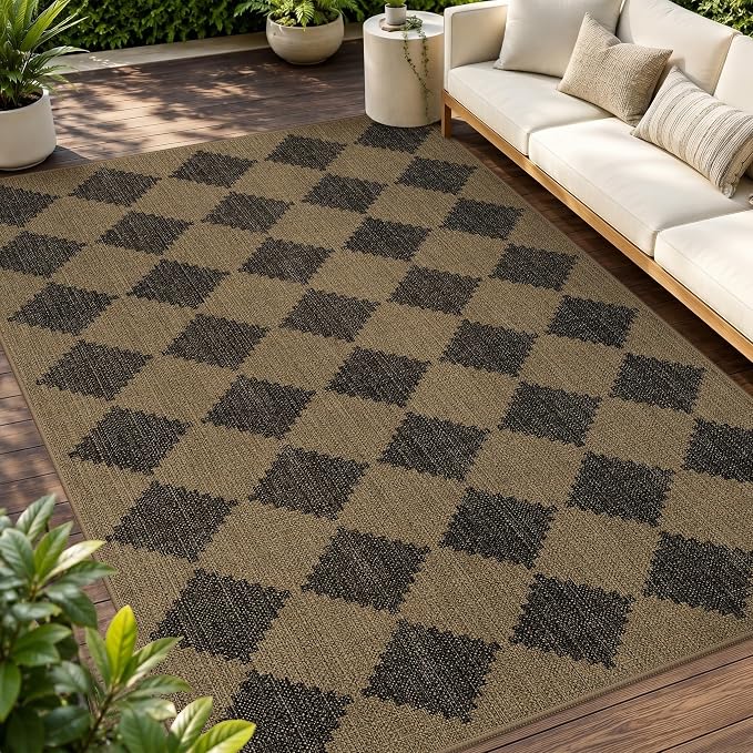GENIMO Indoor Outdoor Area Rug 5'x8', Checkered Easy Jute Rug Machine Washable, Easy-Cleaning, Non Slip Geometric Outdoor Carpet for Patio, Living Room, Backyard, Porch, Deck, Balcony, Diamond Brown