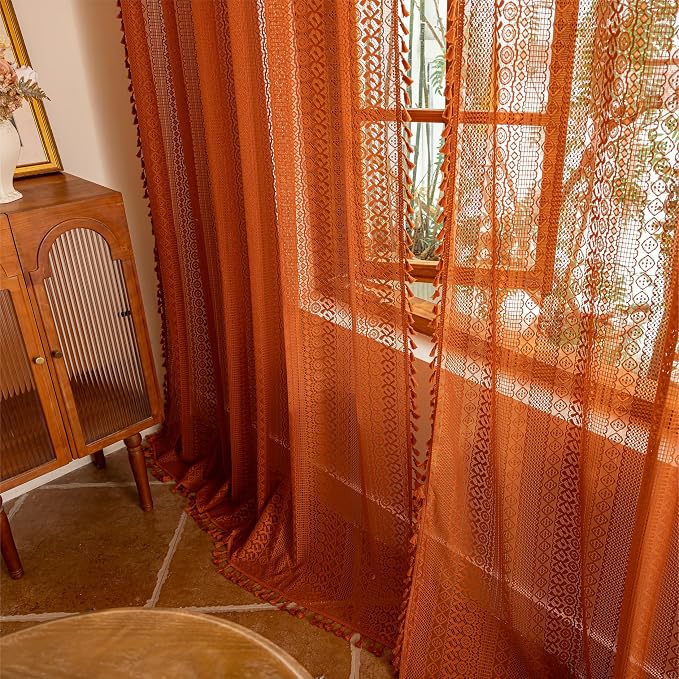 Sutuo Home Boho Lace Curtains 2 Panels for Living Room Bedroom, Orange Semi Sheer Curtains Privacy Vintage Chic Tassels Bohemian Style French Country Rod Pocket Halloween Decor, 50" x 90" Terracotta