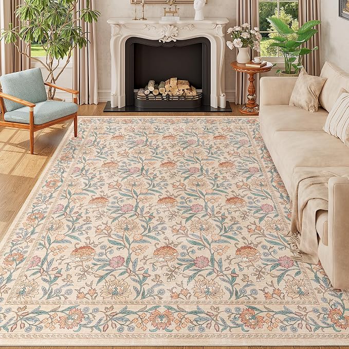 DUKINO 8x10 Area Rug, Vintage Floral Washable Rugs for Living Room, Beige | Non Slip, Low Pile, Non-Shedding, Stain Resistant Boho Soft Indoor Large Carpet for Bedroom Dining Room Farmhouse, Home Decor