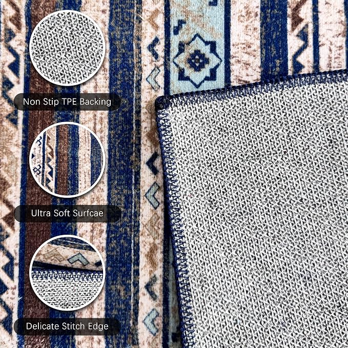 RUGSURE Washable Area Rugs 9' x 12' - 1/6 Thick - Moroccan-Inspired -Stain & Water Resistant Non-Slip - Resistant Rug for Living Room, Bedroom, Nursery, Pet & Child Friendly (Blue and Brown)