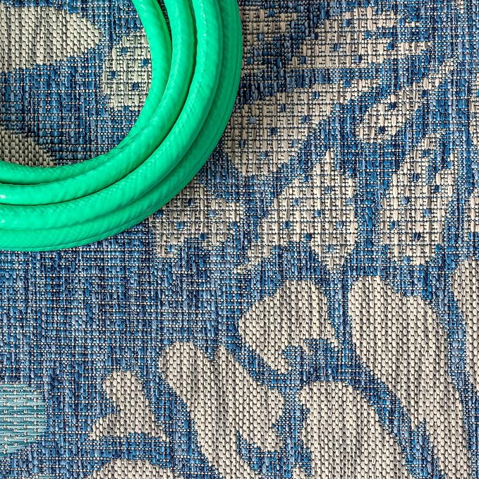 JONATHAN Y Floral Textured Weave Indoor Outdoor Round Area Rug 8 Ft Navy/Aqua, Zinnia Modern for Backyard, Patio, Porch, Easy-Cleaning, High Traffic, Pet-Friendly, Non-Shedding (SMB110C-8R)