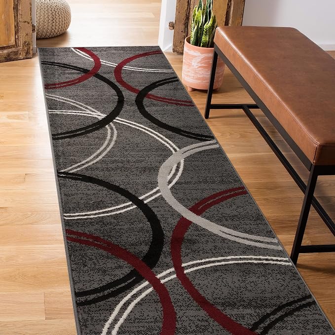 Rugshop Wavy Circles Modern Non-Shedding Runner Rug Red 2' x 7'2"