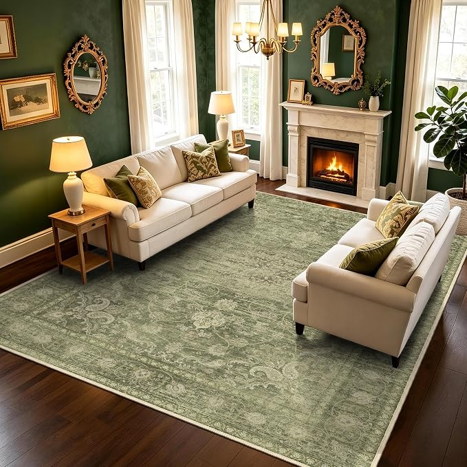 Living Room Rugs 8x10, Vintage Carpet for Bedroom, Sage Green | Medallion Rug for Dining Room Washable Low Pile Rug with Non-Slip Silicone Backing, Non-Shedding Stain Resistant