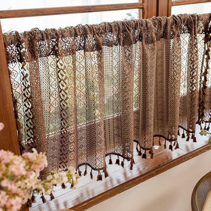 Sutuo Home Boho Valance Short Curtains 2 Panels for Kitchen Cafe, Lace Sheer Curtains Closet Crochet Privacy Farmhouse Vintage Chic Tassels Caramel Macrame Decor Rod Pocket,50" W x 36" L Dark Coffee