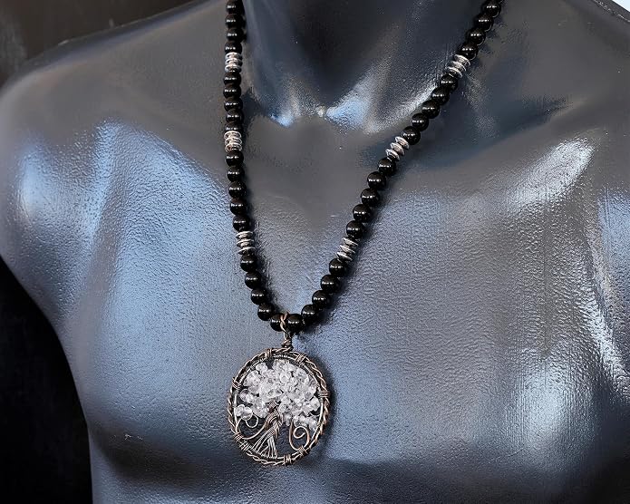 ElisaJewelryArt - Natural Amethyst Big Tree Of Life Pendant Black Onyx Stone Beaded Necklace Genuine Gemstone Feng Shui Stone Clasp Closure Necklace Unisex Necklace