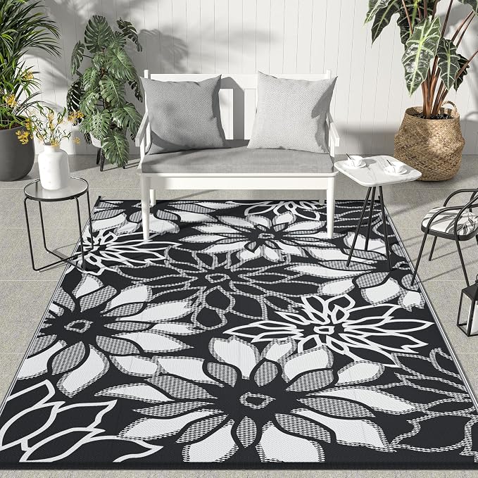 GENIMO Outdoor Rug, Waterproof Plastic Rugs for Patio, 6'x9' Black White | Outside Larger Leaf Carpet Mat for Porch Decor, Deck, Balcony, Camping, RV, Backyard, Picnic, Beach, Reversible, Foldable