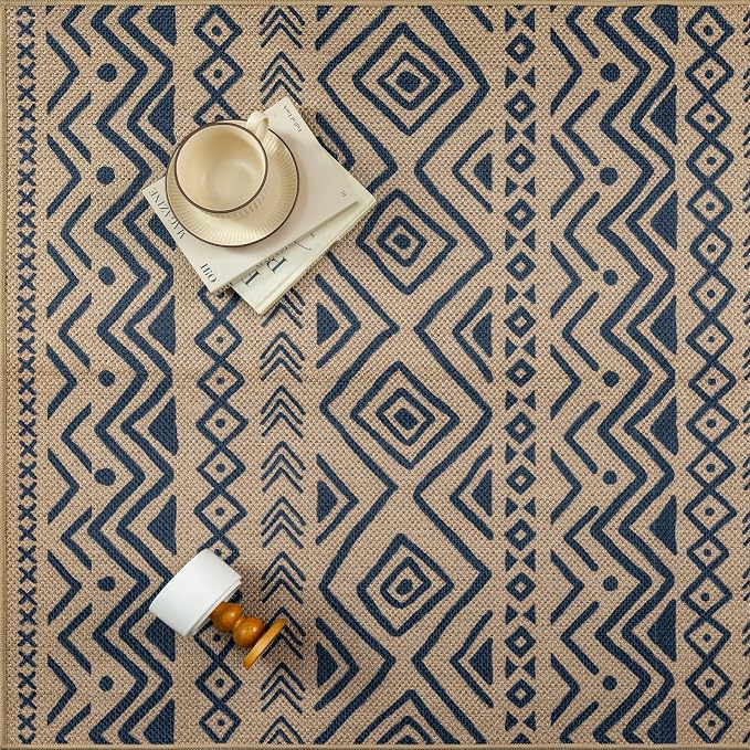 PureCozy 5x7 Easy Jute Outdoor Rug Blue Boho Indoor Outdoor Area Rug Farmhouse Patio Carpet for Backyard, Patio, Porch, Living Room， Easy-Cleaning, High Traffic, Pet-Friendly, Non-Shedding