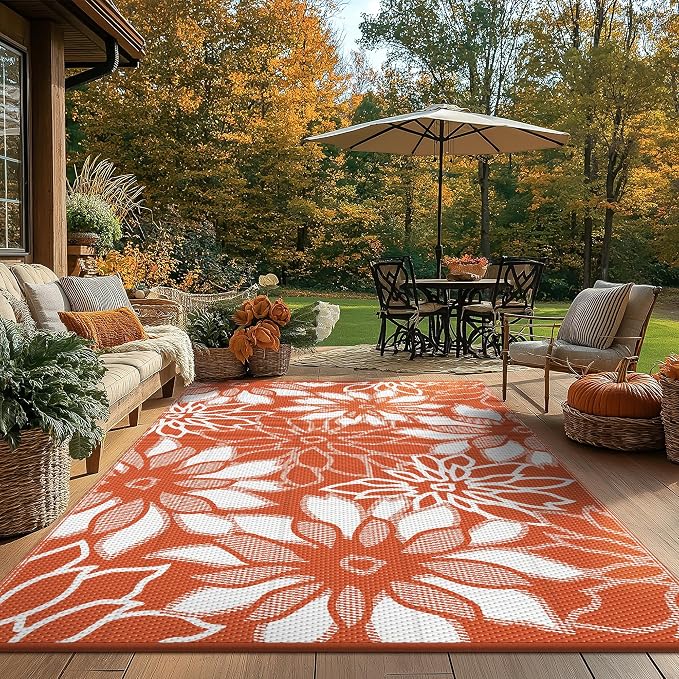 GENIMO Outdoor Rug Waterproof for Patio Decor, 6' x 9' Reversible Plastic Straw Floral Camping Carpet, Large Area Rugs Mats for RV, Camper, Deck, Balcony, Porch, Beach, Picnic, Orange & White