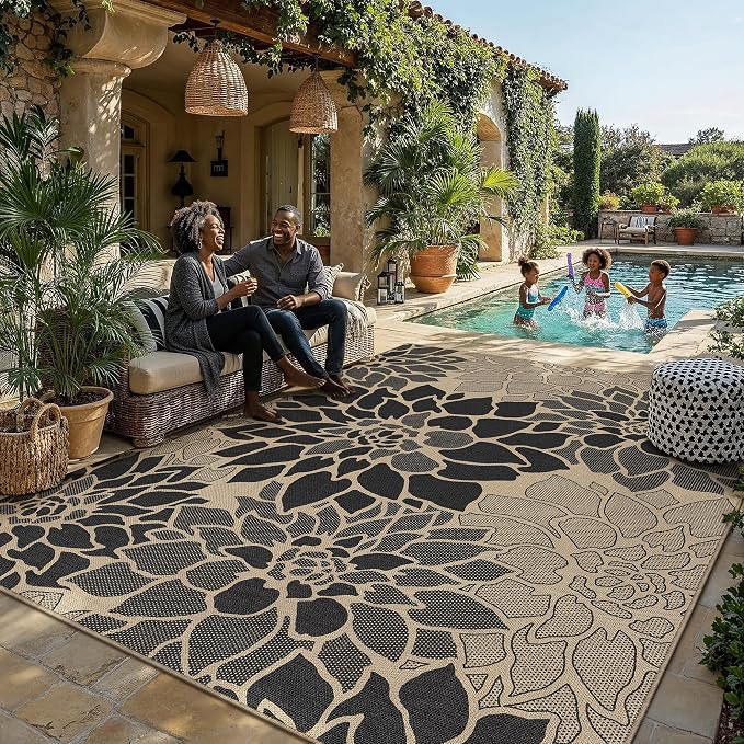 PureCozy 8x10 Easy Jute Outdoor Rug Black Floral Textured Indoor Outdoor Area Rug Farmhouse Patio Carpet for Backyard, Patio, Porch, Easy-Cleaning, High Traffic, Pet-Friendly, Non-Shedding