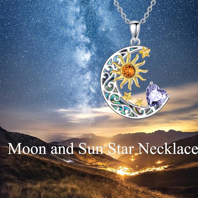 AOBOCO 925 Sterling Silver Sun and Moon Star Pendant Necklace with Simulated Birthstone, Birthday Christmas Jewelry Gift for Women Teen Girls
