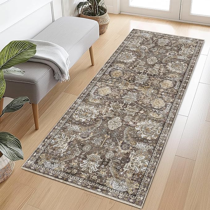 RUGSURE Washable Area Rugs - Perfect for Living Room, Bedroom, Kids Room, Nursery - Stain & Water Resistant Non-Slip, Pet & Child Friendly, Vintage Tribal Area Rugs (Ivory, 2'6'' x 8')