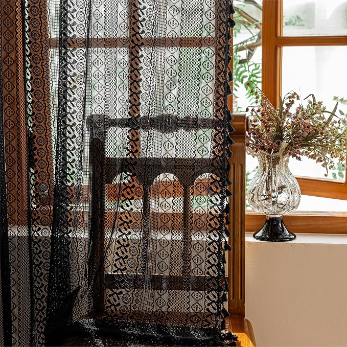 Sutuo Home Lace Boho Curtains 2 Panels for Kitchen Nursery, Semi Sheer Curtains Crochet Vintage Chic Tassels Bohemian Rustic Long Strips Privacy Window Treatments Geometry Rod Pocket, 50" x 63" Black
