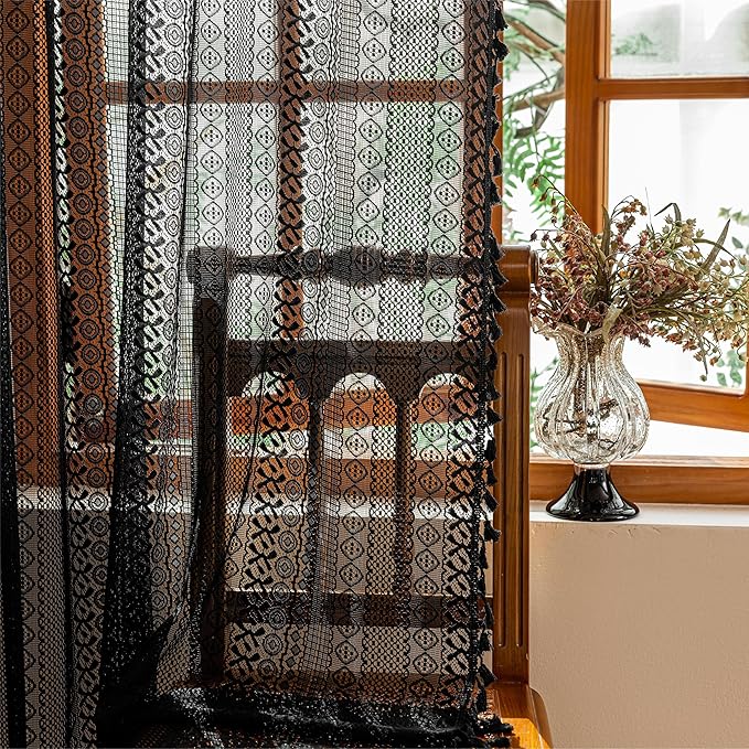 Sutuo Home Black Boho Lace Curtains 96 inches long for Living Room Dining Room, Semi Sheer Curtains Farmhouse Privacy Crochet Vintage Chic Tassels Bohemian Style Rod Pocket Retro Decor, 2 Panels 50" W