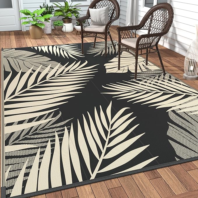 GENIMO Outdoor Rug, Waterproof Plastic Rugs 10'x14' for Camping Black Beige | Outside Larger Leaf Carpet Mat for Porch Decor, Deck, Camping, RV, Backyard, Balcony, Picnic, Beach, Reversible, Foldable