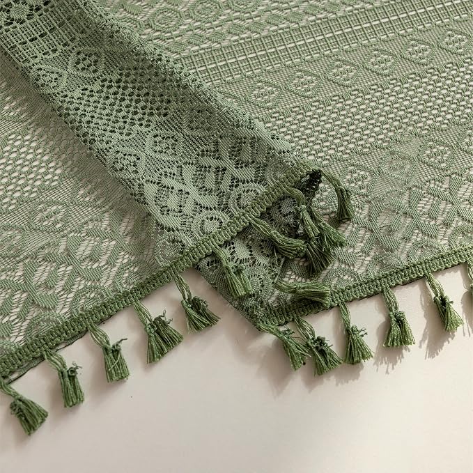 Sutuo Home Boho Lace Curtains 2 Panels 96 Inches Long for Bedroom&Living Room,Sheer Curtain French Country Decor Privacy Vintage Chic Tassels Cottage Style Christmas Rustic Rod Pocket,50"W Olive Green