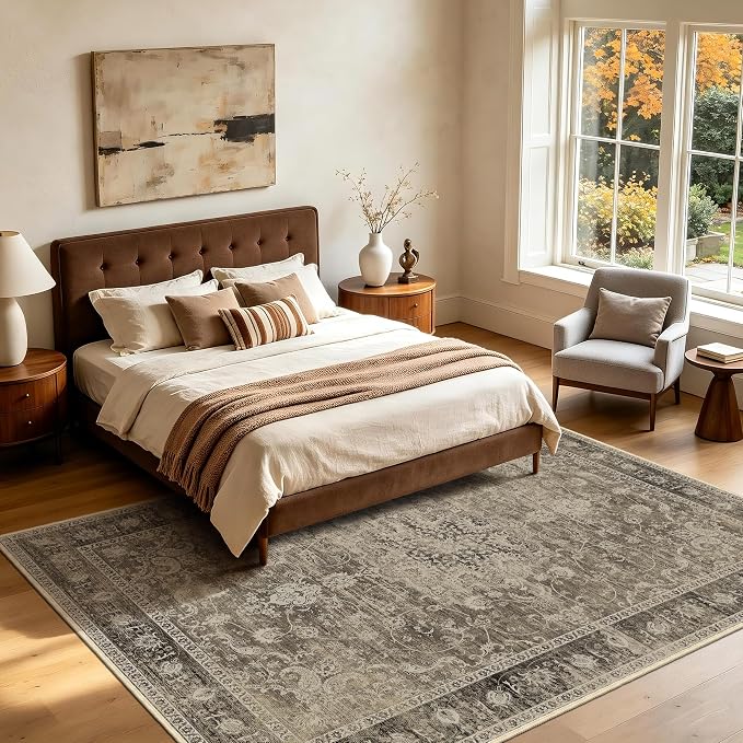 Brown Living Room Rug, Thin Vintage Washable Rug 6x9 for Bedroom | for Dining Room, Low Pile Large Medallion Carpets With Non-Slip Silicone Backing, Non-Shedding Stain Resistant