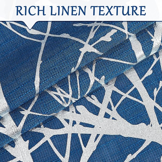 FMFUNCTEX Linen Silver Navy Blue Semi Sheer Print Curtains 96 Inch 2 Panels | Metallic Branch Sheer Patterned Drapes, Light Filtering Grommet Panels for Modern Farmhouse Bedroom and Living Room Style