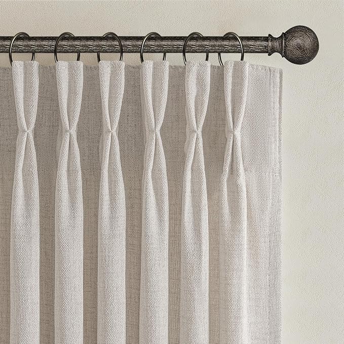 Memory Trained Pinch Pleated Greyish Brown Bedroom Curtains 94 Inches Long, Light Filtering Thick Natural Linen Semi Sheer Privacy Modern 94-96 Inch Windows Curtain & Drapes with Back Tab 2 Panel Set