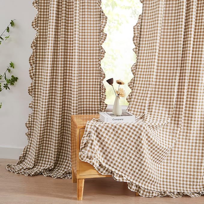ZJDECOR Short Brown White Buffalo Plaid Crinkle Ruffle Curtains 63 Inch | Neutral Not-See-Through Drapes,Bedroom Living Room,Pretty Cute Farmhouse Window Treatment,Rod Pocket,40"Wx63"L,Pack of 2